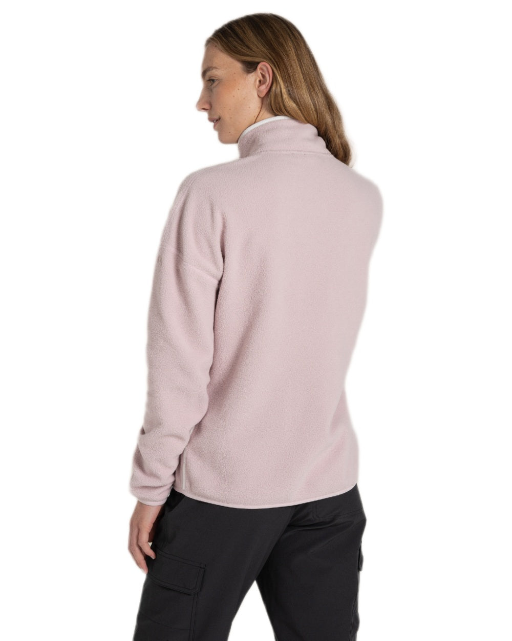 Dusky Carnation coloured Craghoppers Womens CO2 Renu Half Zip Fleece Sweater on white background 