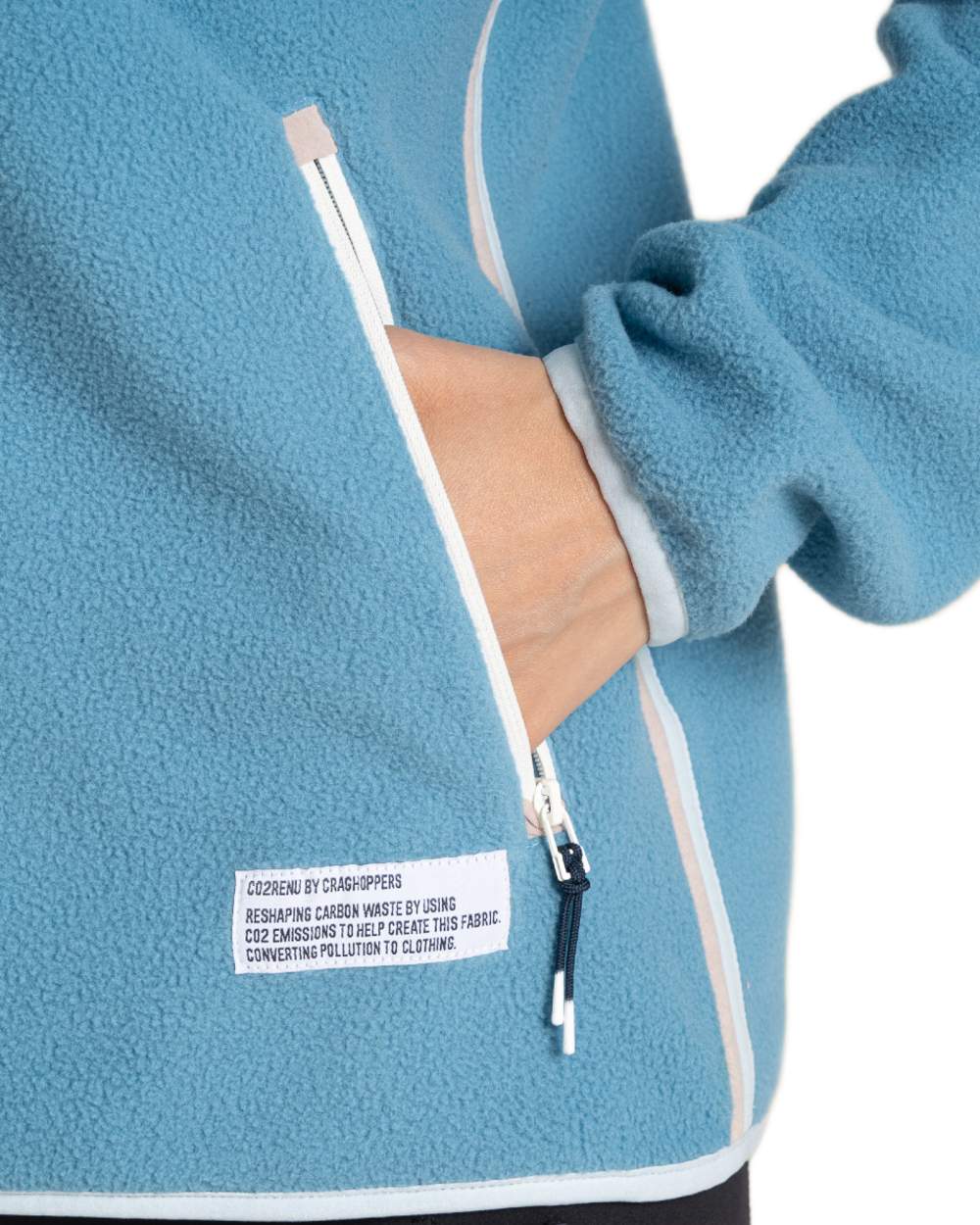 Light Denim coloured Craghoppers Womens CO2 Renu Half Zip Fleece Sweater on white background 