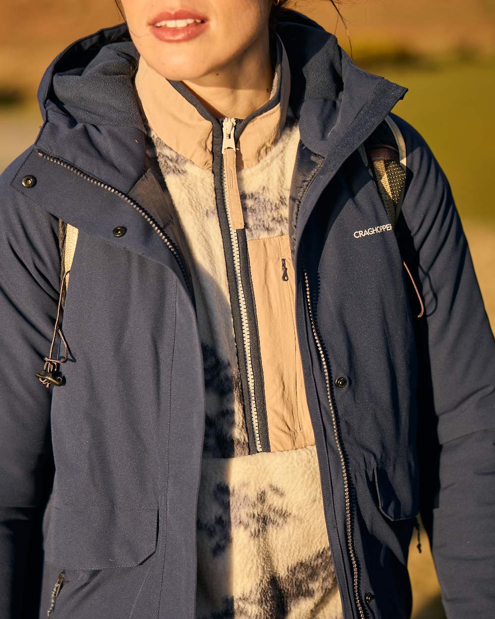 Blue Navy Coloured Craghoppers Womens Caldbeck II Thermic Waterproof Jacket on outdoor background 