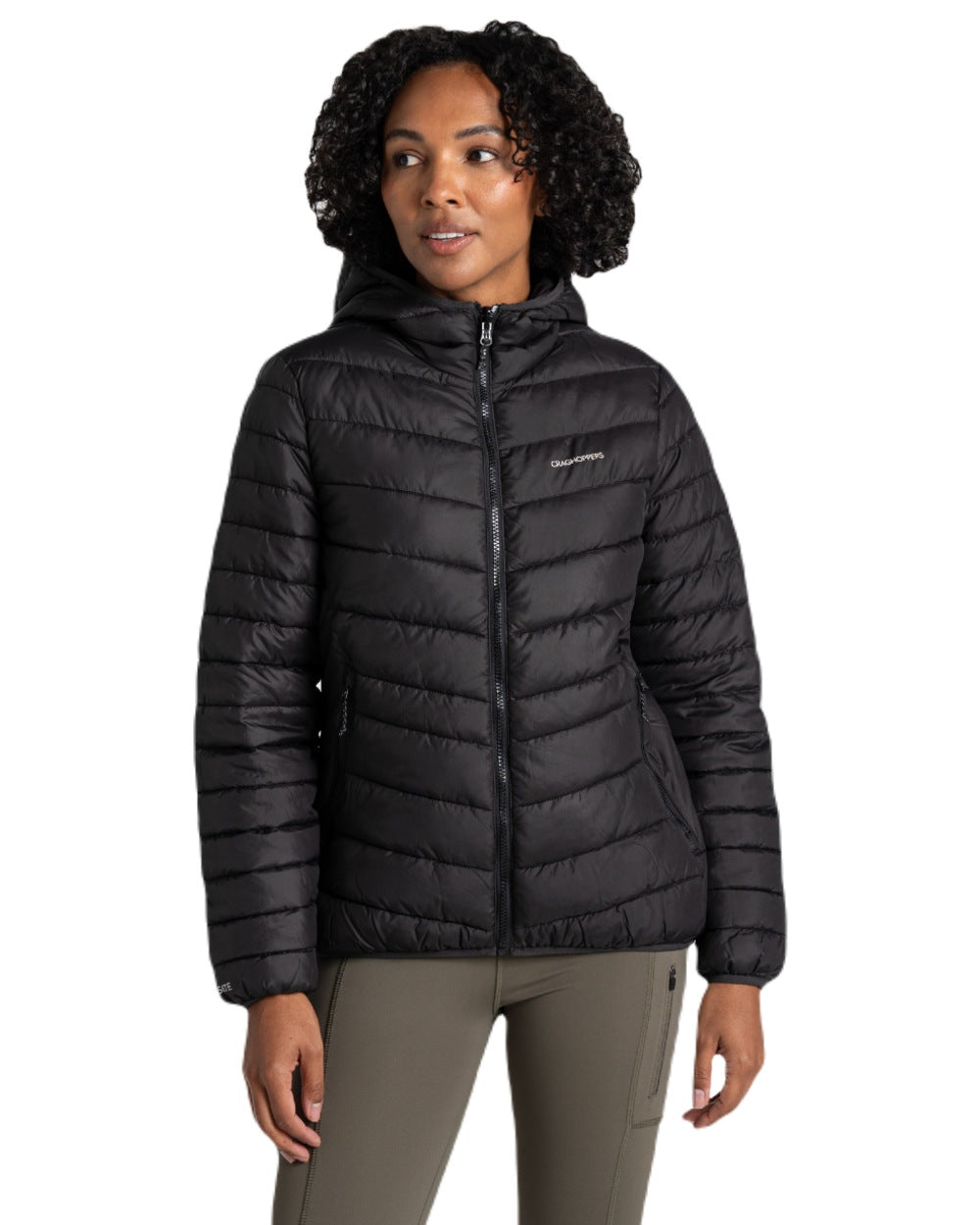 Black coloured Craghoppers Womens Compresslite IX Hooded Insulating Jacket on white background 