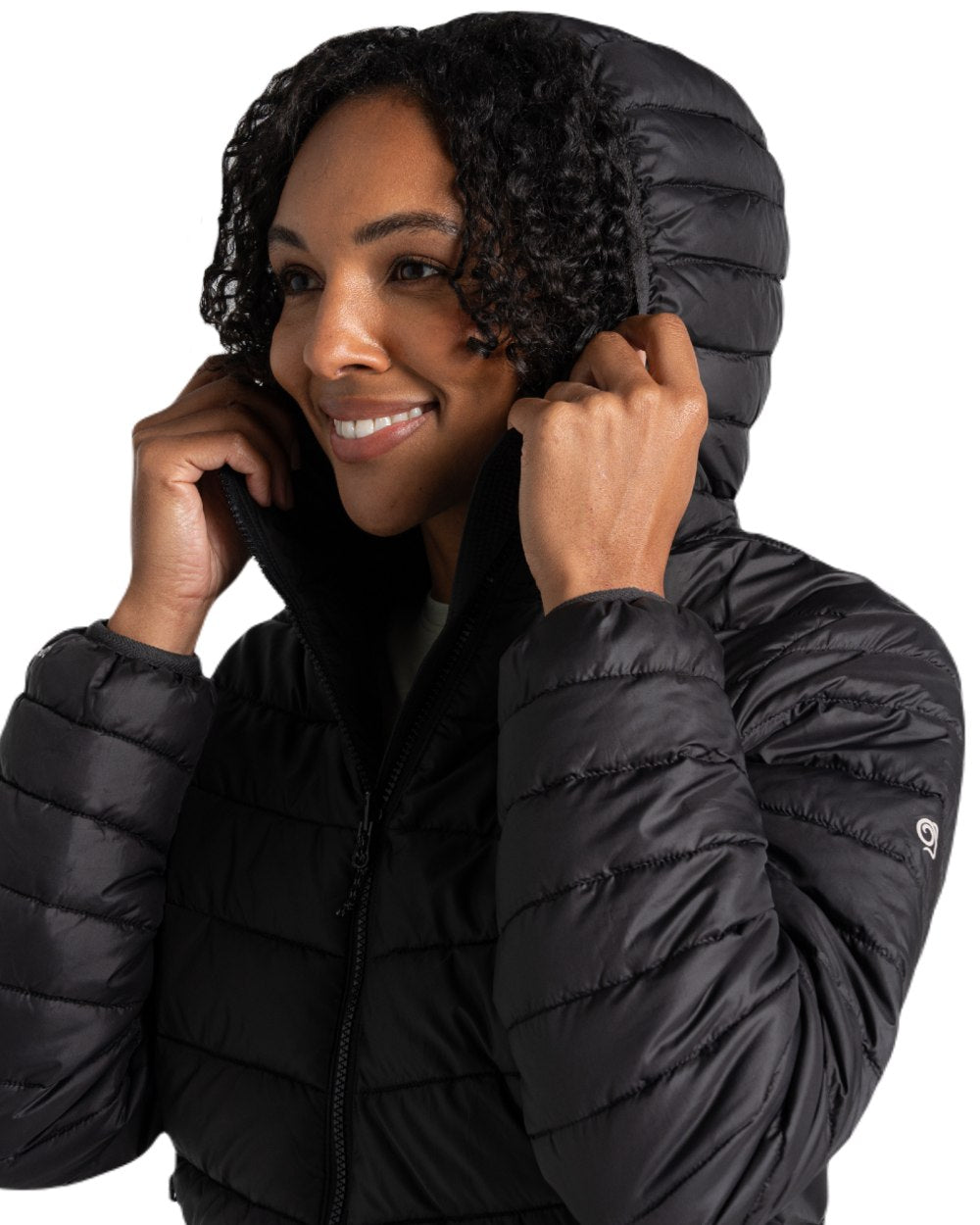 Black coloured Craghoppers Womens Compresslite IX Hooded Insulating Jacket on white background 