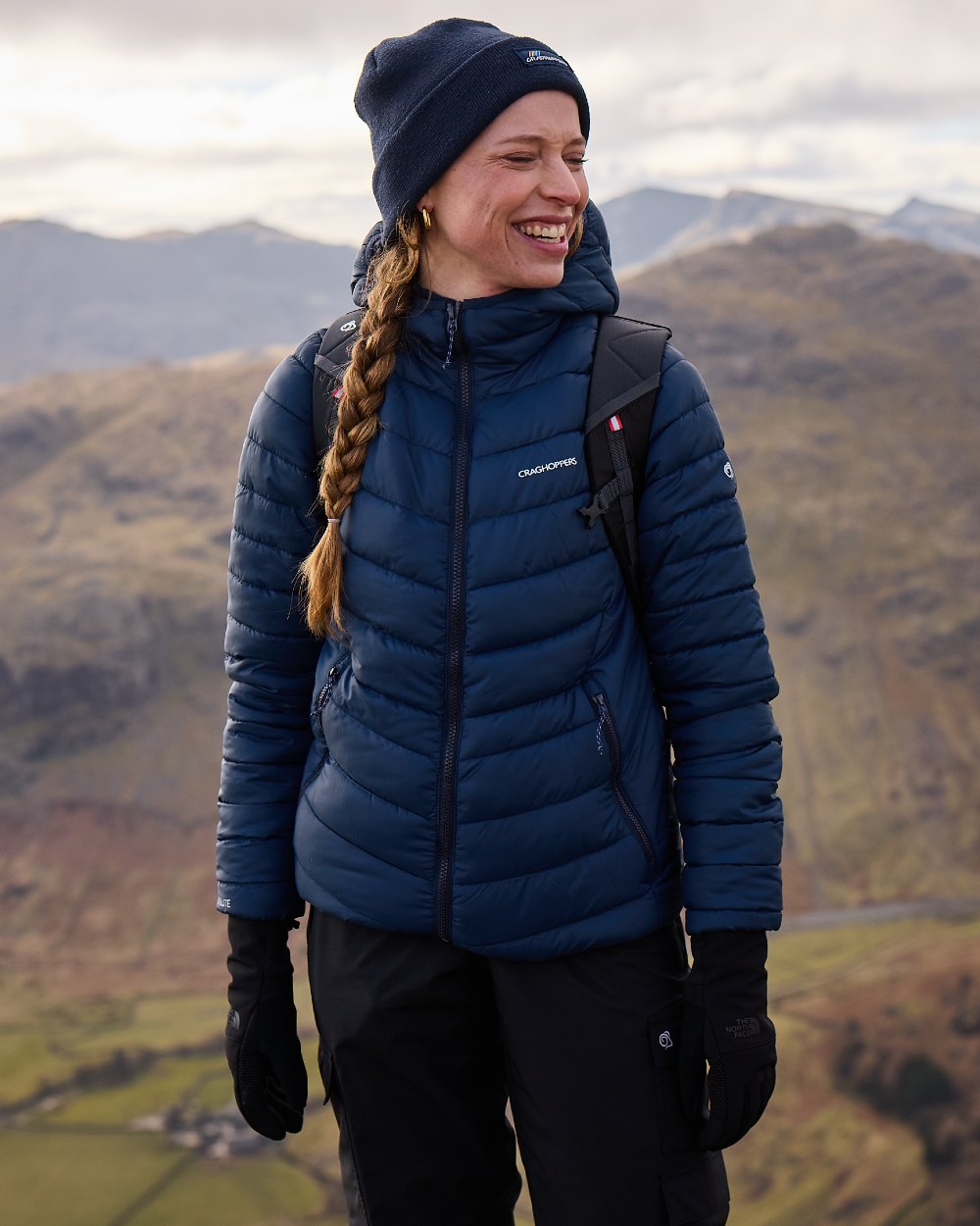 Blue Navy coloured Craghoppers Womens Compresslite IX Hooded Insulating Jacket on mountain background 