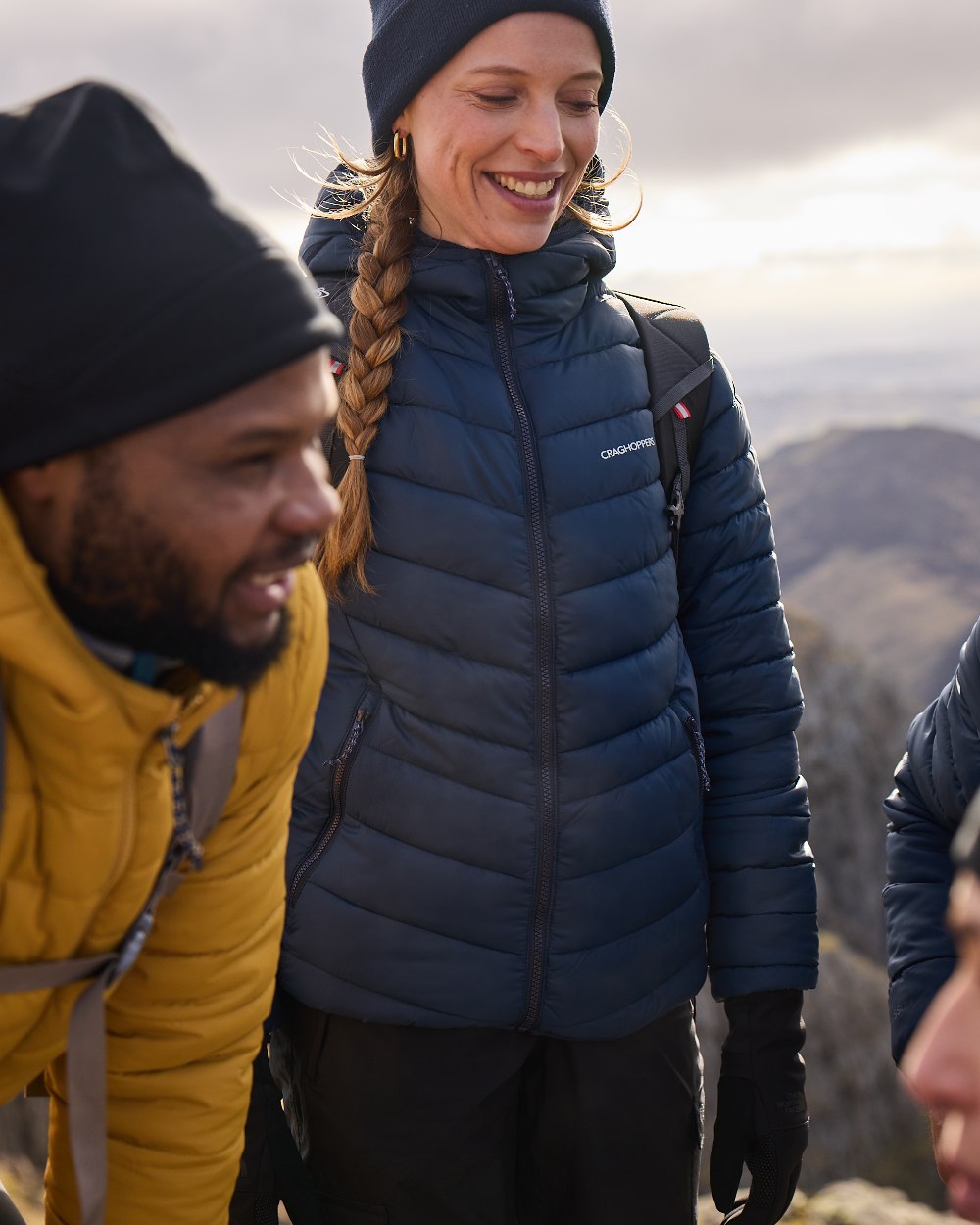 Blue Navy coloured Craghoppers Womens Compresslite IX Hooded Insulating Jacket on mountain background 