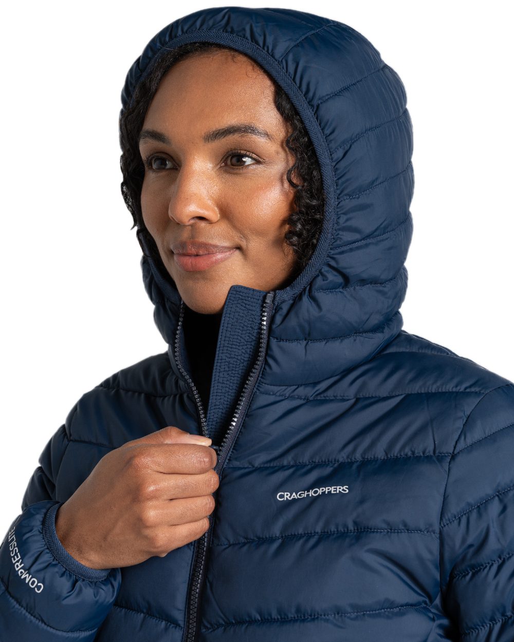 Blue Navy coloured Craghoppers Womens Compresslite IX Hooded Insulating Jacket on white background 