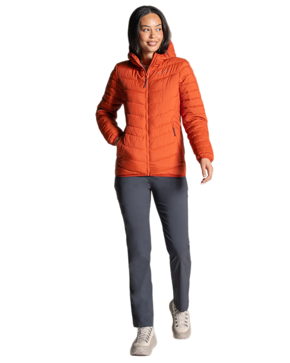 Carnelian Orange Coloured Craghoppers Womens Compresslite IX Hooded Insulating Jacket on white background 