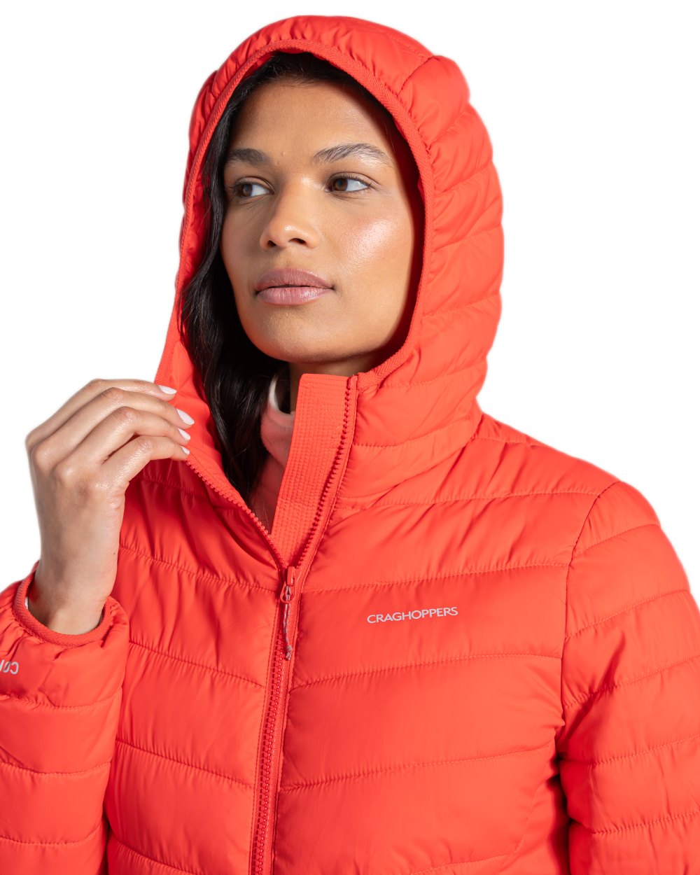 Dawn Red Coloured Craghoppers Womens Compresslite IX Hooded Insulating Jacket on white background 