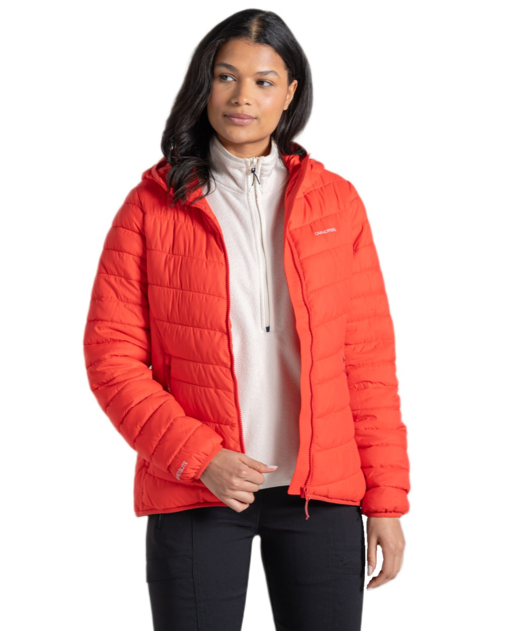 Dawn Red Coloured Craghoppers Womens Compresslite IX Hooded Insulating Jacket on white background 