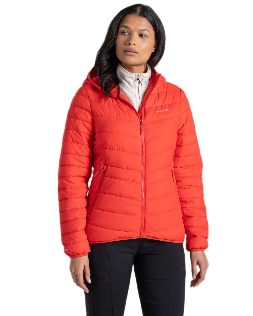 Dawn Red Coloured Craghoppers Womens Compresslite IX Hooded Insulating Jacket on white background 