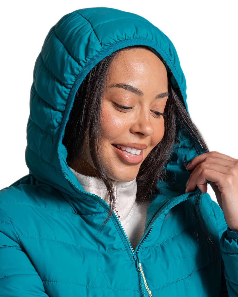Empress Teal Coloured Craghoppers Womens Compresslite IX Hooded Insulating Jacket on white background 