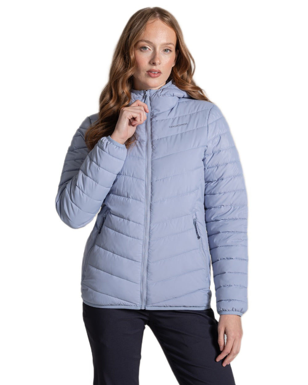 Mist Blue Coloured Craghoppers Womens Compresslite IX Hooded Insulating Jacket on white background 