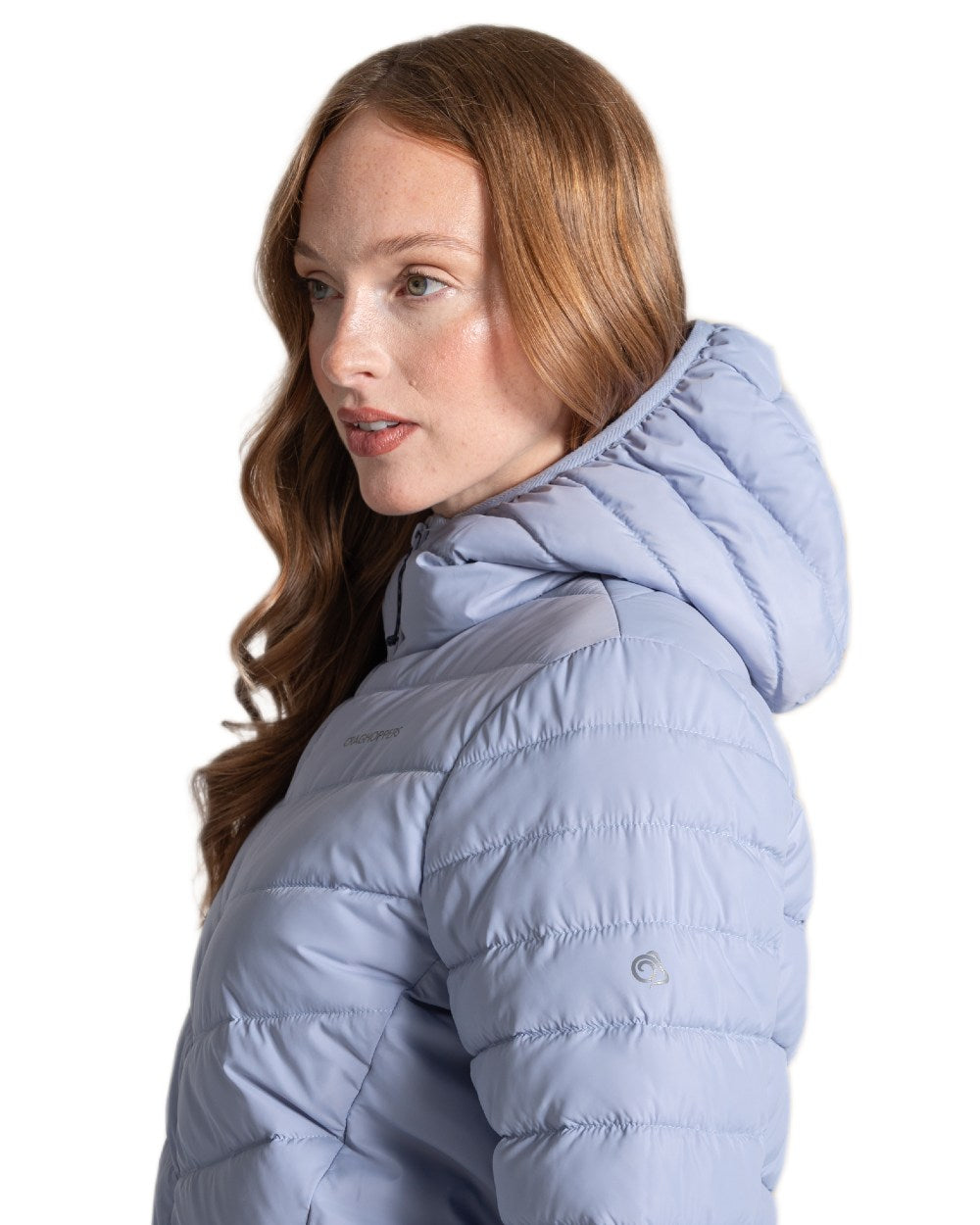 Mist Blue Coloured Craghoppers Womens Compresslite IX Hooded Insulating Jacket on white background 