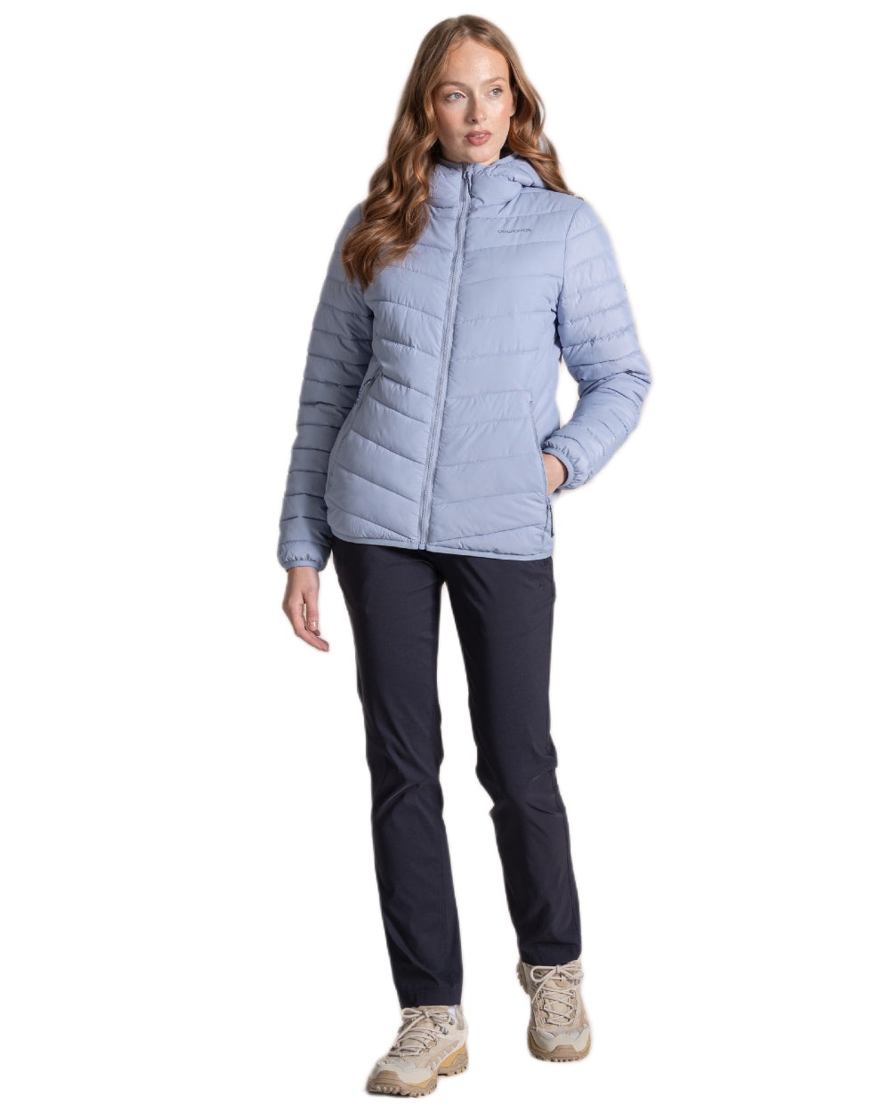 Mist Blue Coloured Craghoppers Womens Compresslite IX Hooded Insulating Jacket on white background 