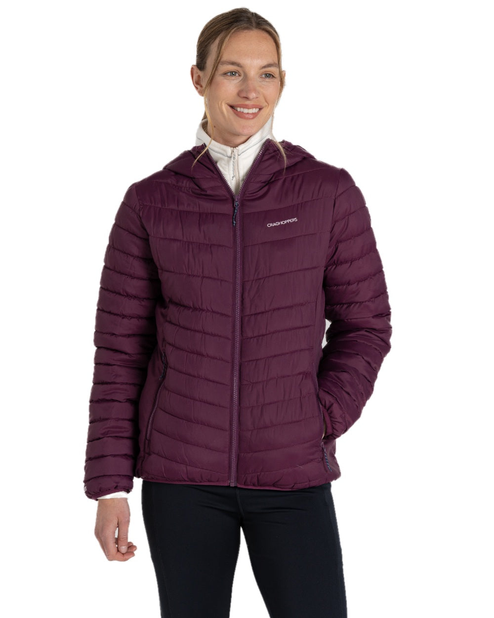 Beet coloured Craghoppers Womens Compresslite VIII Hooded Jacket on white background 