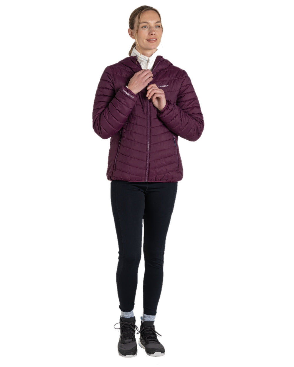 Beet coloured Craghoppers Womens Compresslite VIII Hooded Jacket on white background 