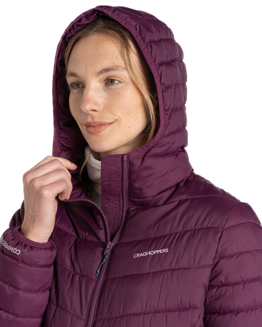 Beet coloured Craghoppers Womens Compresslite VIII Hooded Jacket on white background 