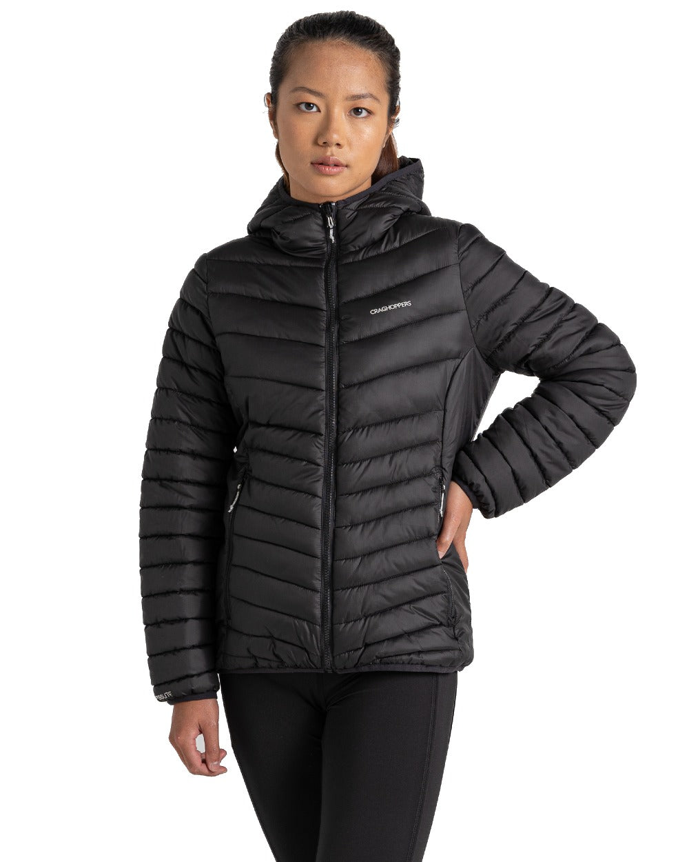 Black coloured Craghoppers Womens Compresslite VIII Hooded Jacket on white background 