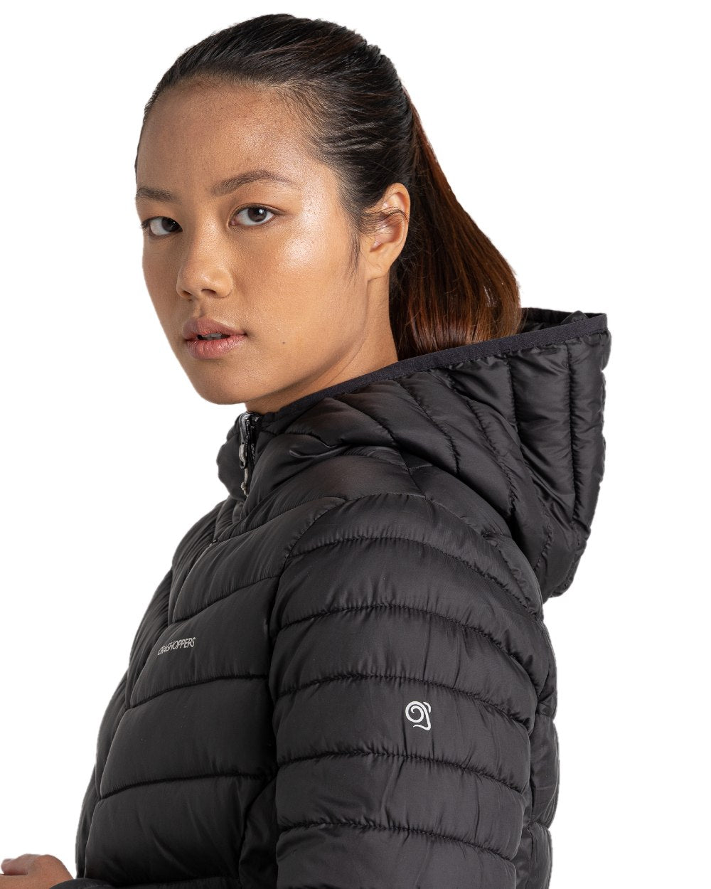 Black coloured Craghoppers Womens Compresslite VIII Hooded Jacket on white background 