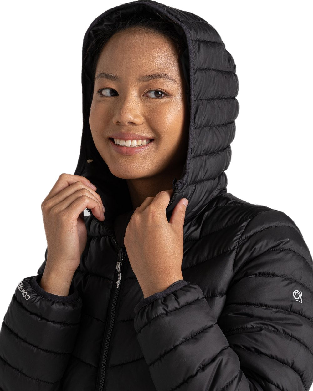 Black coloured Craghoppers Womens Compresslite VIII Hooded Jacket on white background 