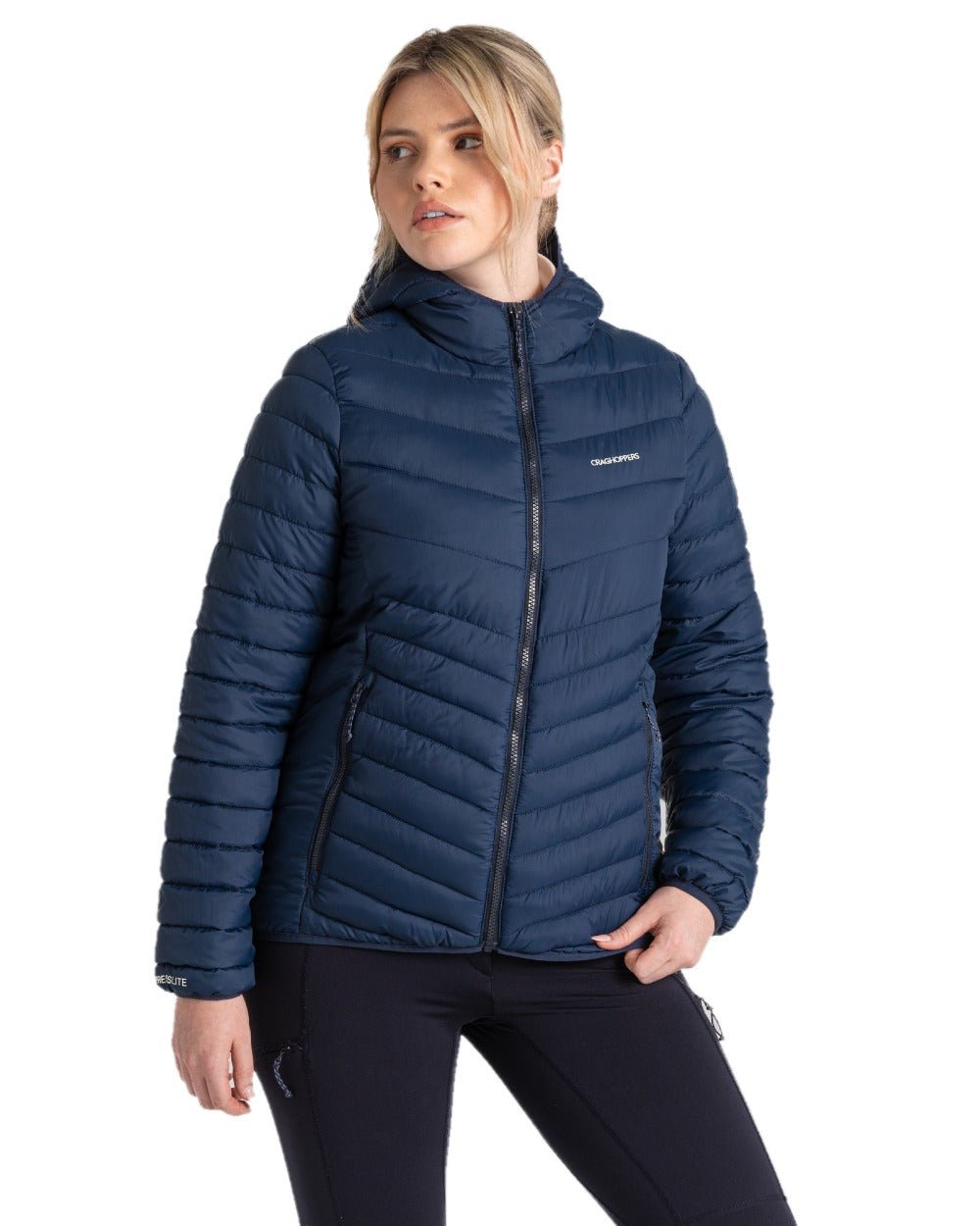 Blue Navy coloured Craghoppers Womens Compresslite VIII Hooded Jacket on white background 