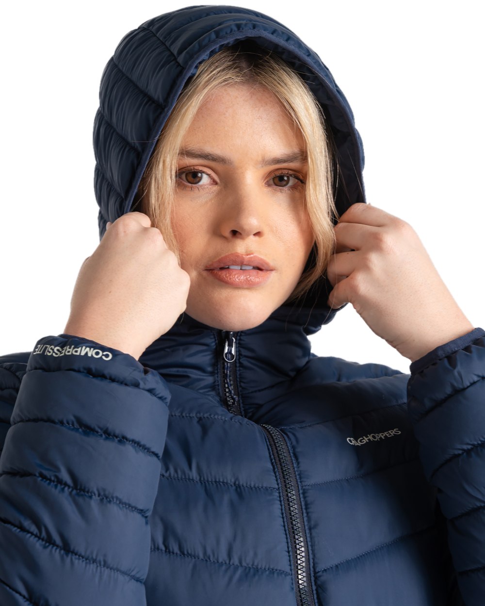 Blue Navy coloured Craghoppers Womens Compresslite VIII Hooded Jacket on white background 