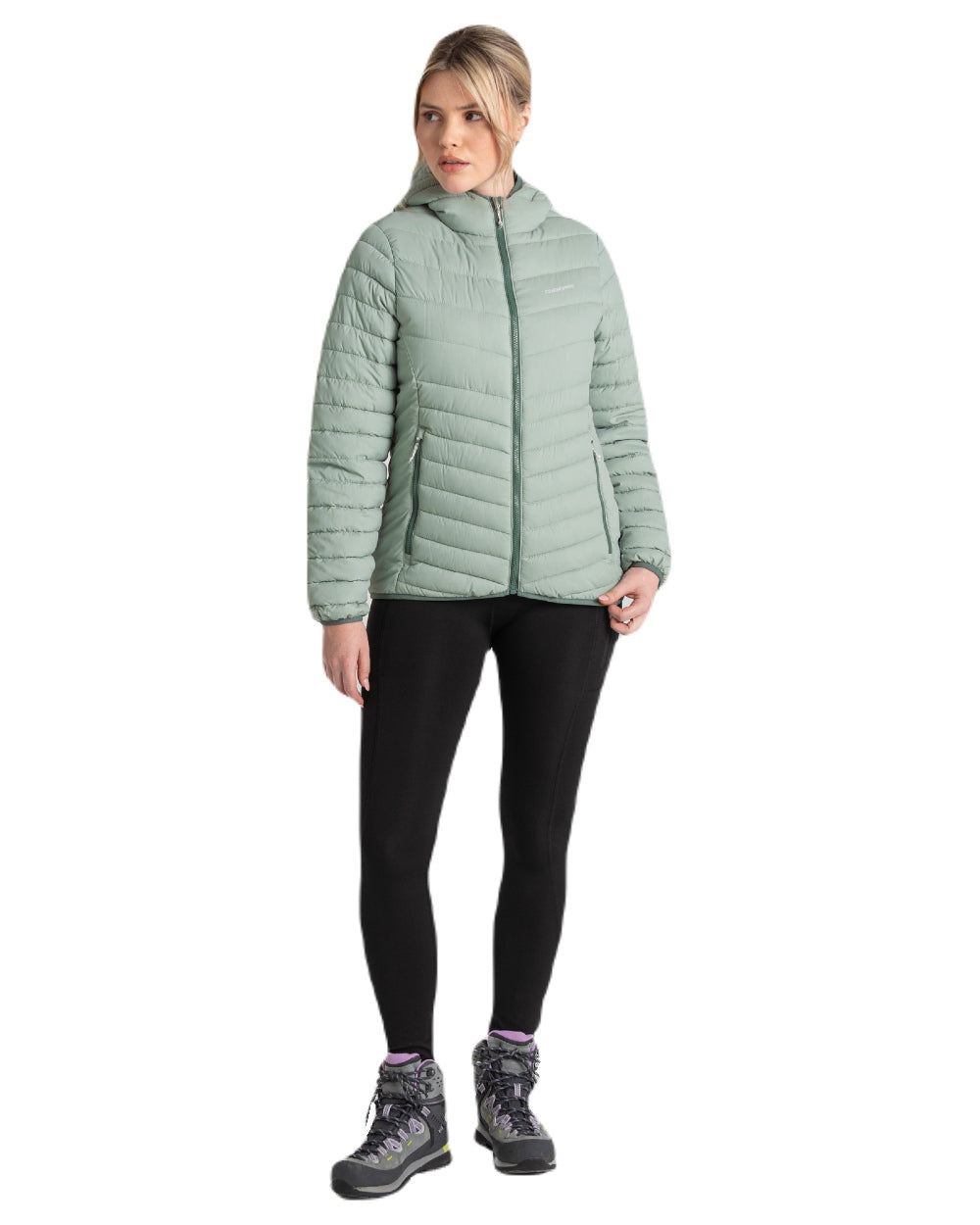 Meadow Haze Frosted Pine coloured Craghoppers Womens Compresslite VIII Hooded Jacket on white background 