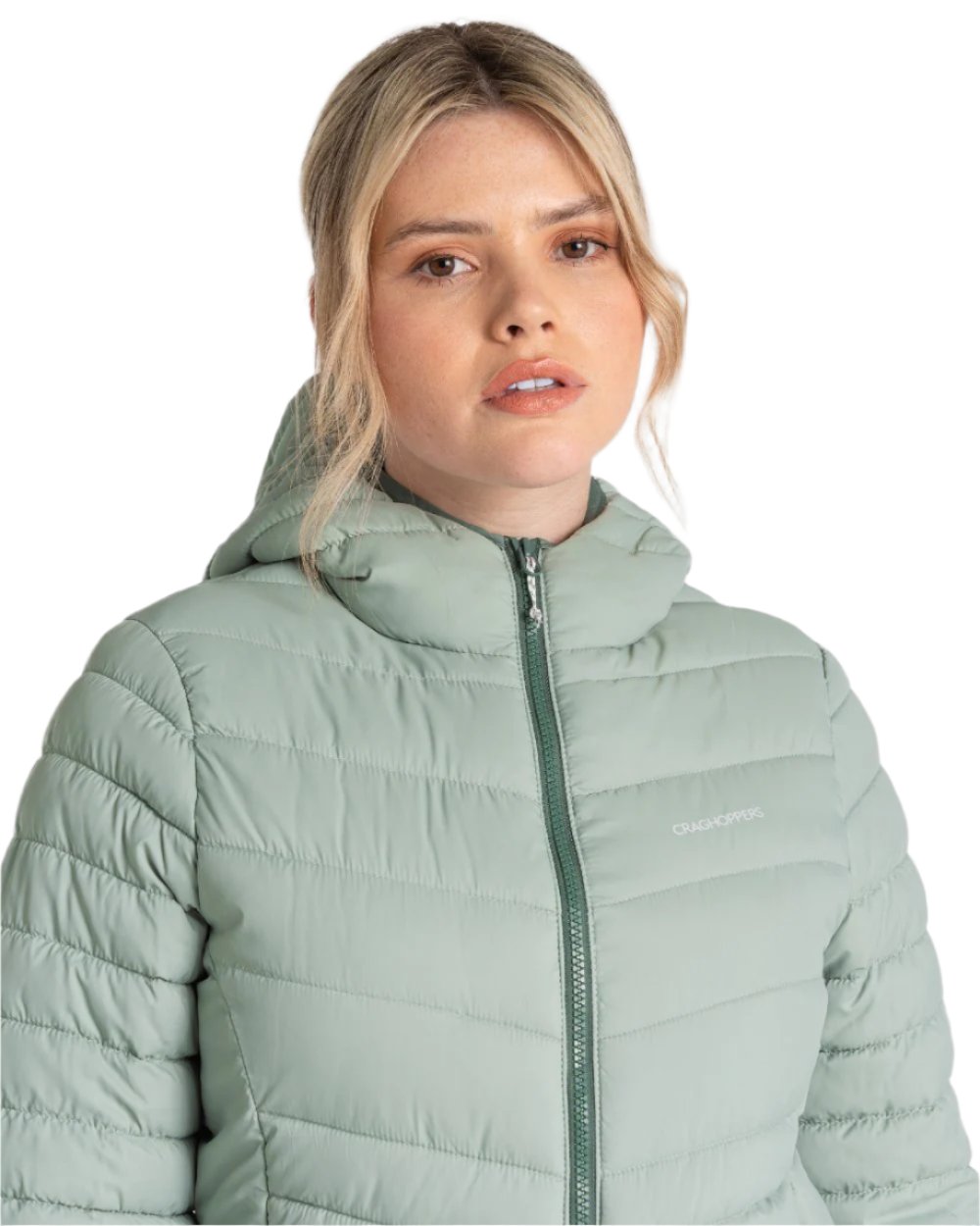 Meadow Haze Frosted Pine coloured Craghoppers Womens Compresslite VIII Hooded Jacket on white background 