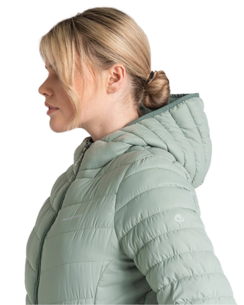 Meadow Haze Frosted Pine coloured Craghoppers Womens Compresslite VIII Hooded Jacket on white background 