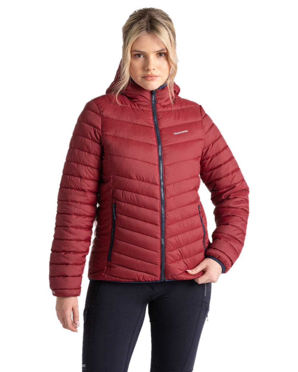 Mulberry Jam coloured Craghoppers Womens Compresslite VIII Hooded Jacket on white background 