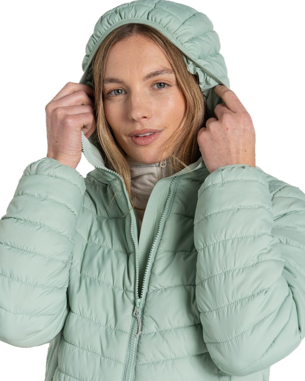 Pale Pistachio coloured Craghoppers Womens Compresslite VIII Hooded Jacket on white background 