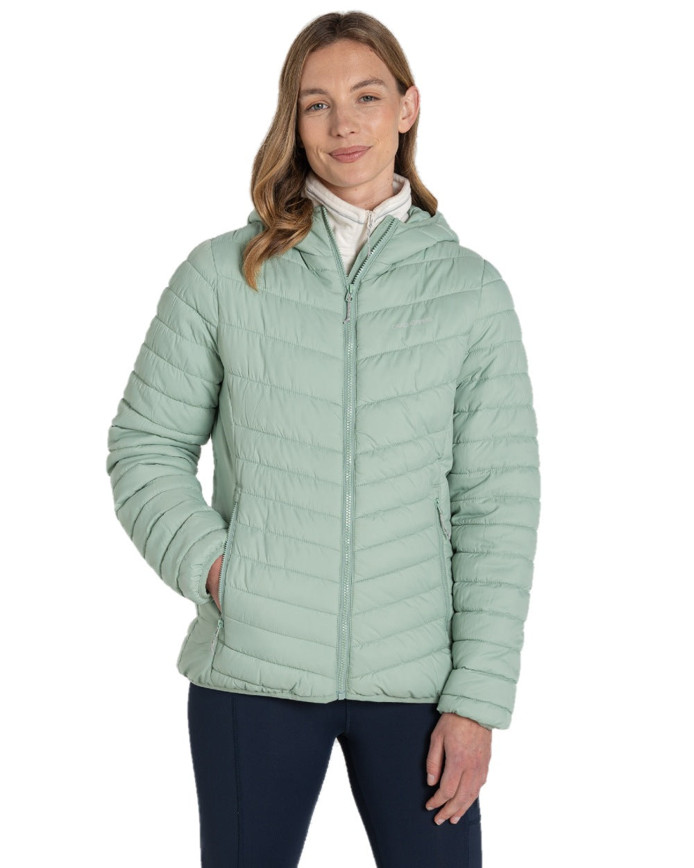 Pale Pistachio coloured Craghoppers Womens Compresslite VIII Hooded Jacket on white background 