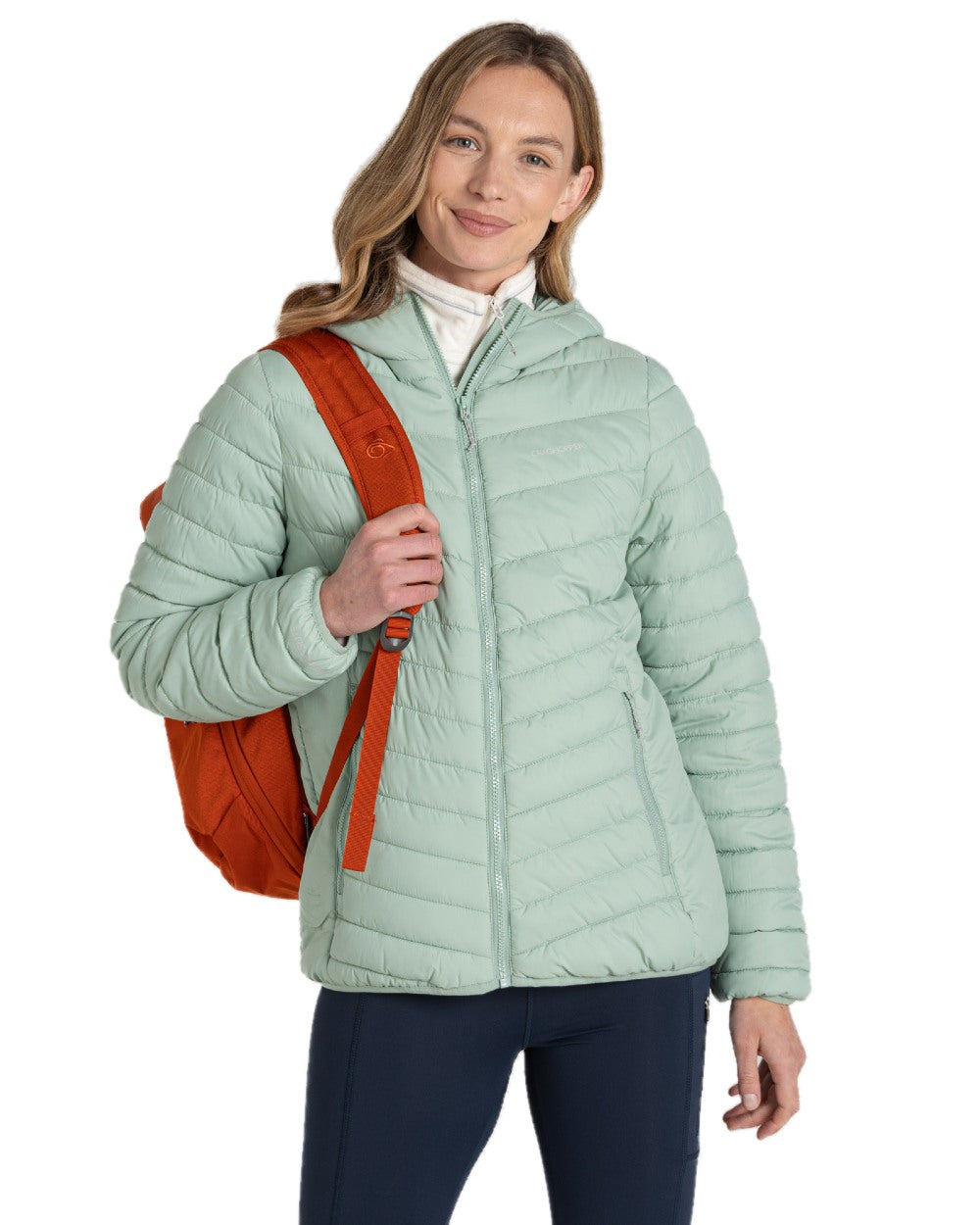 Pale Pistachio coloured Craghoppers Womens Compresslite VIII Hooded Jacket on white background 