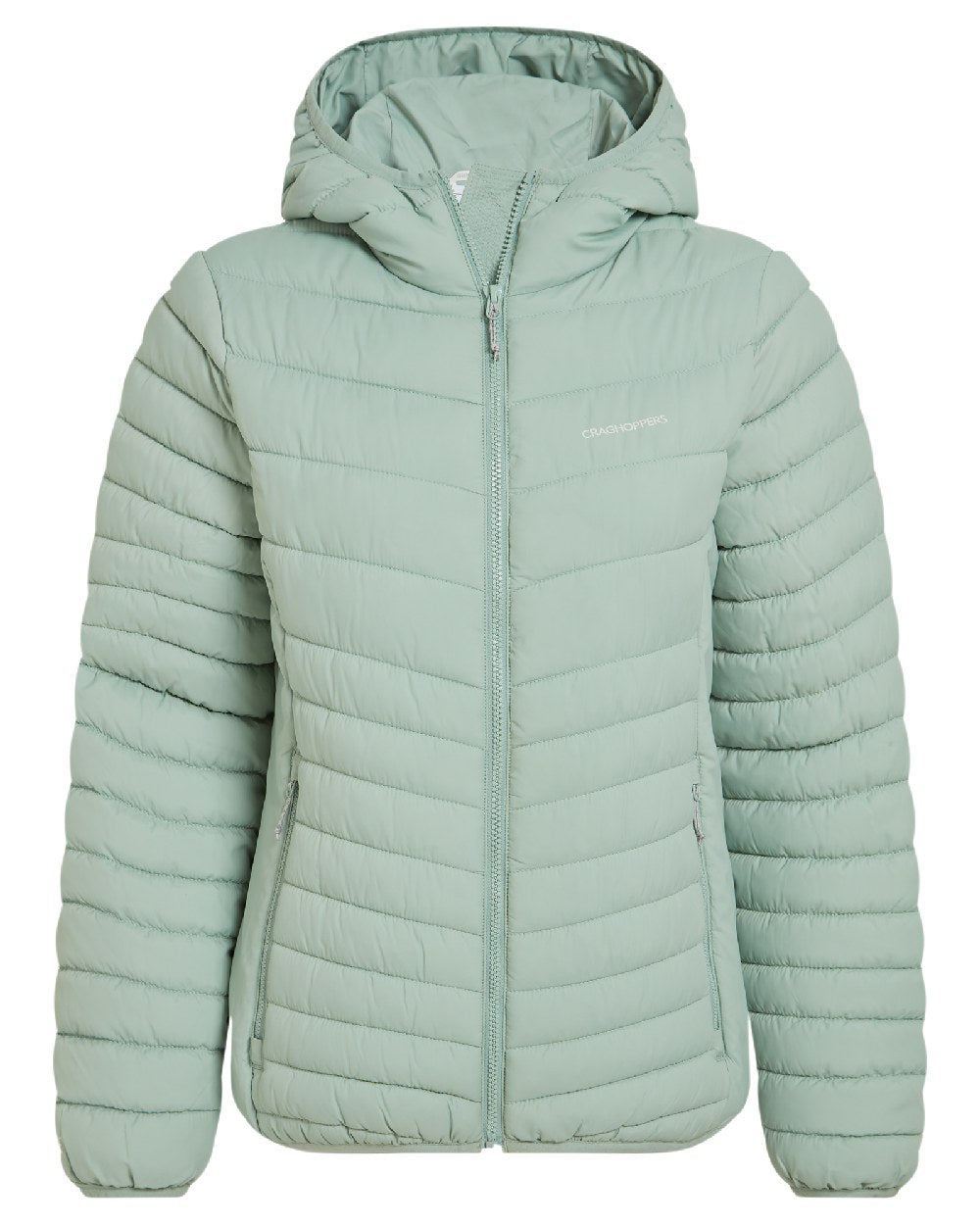 Pale Pistachio coloured Craghoppers Womens Compresslite VIII Hooded Jacket on white background 