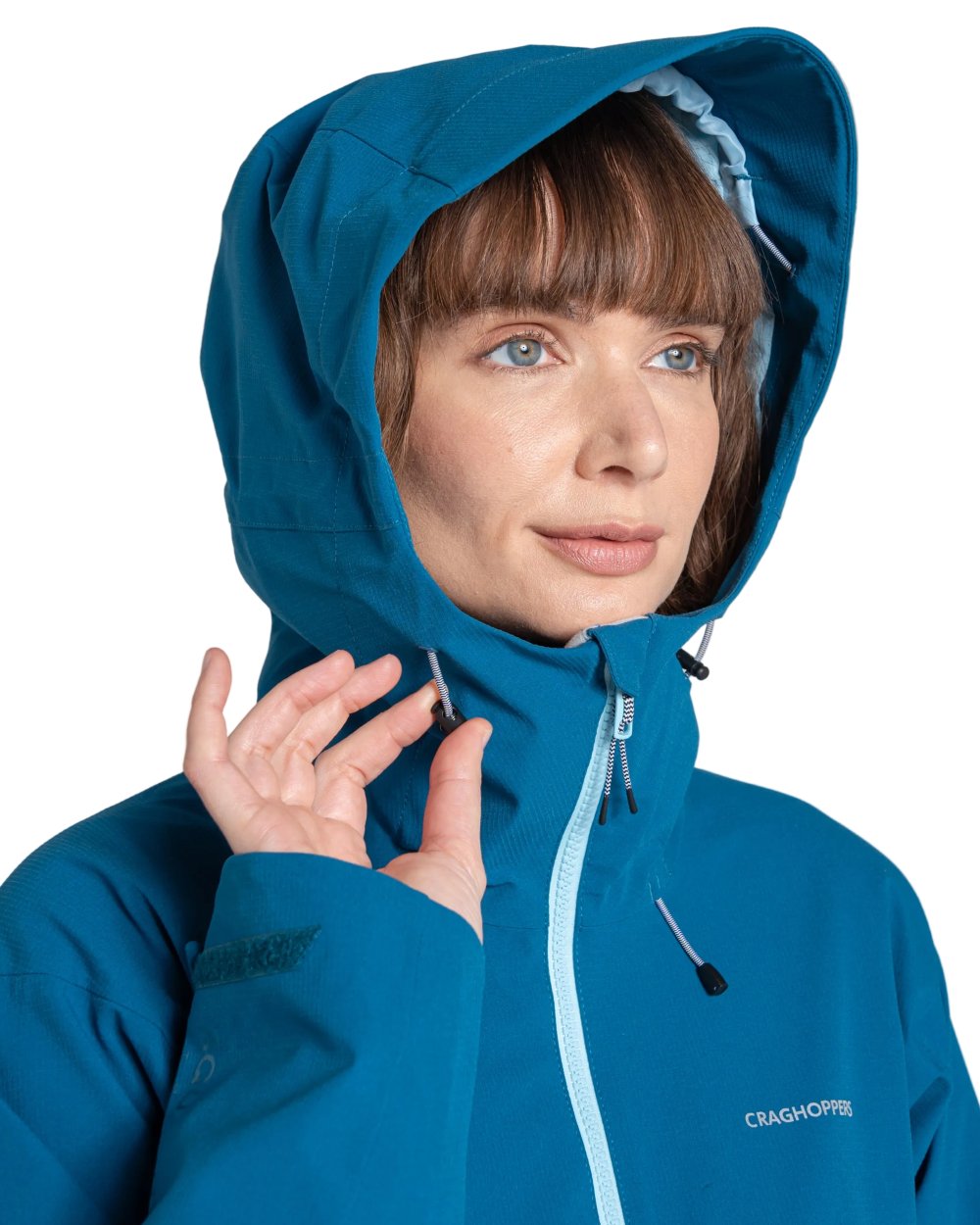 Porcelain Blue coloured Craghoppers Womens Dynamic Pro III Waterproof Jacket on white background 