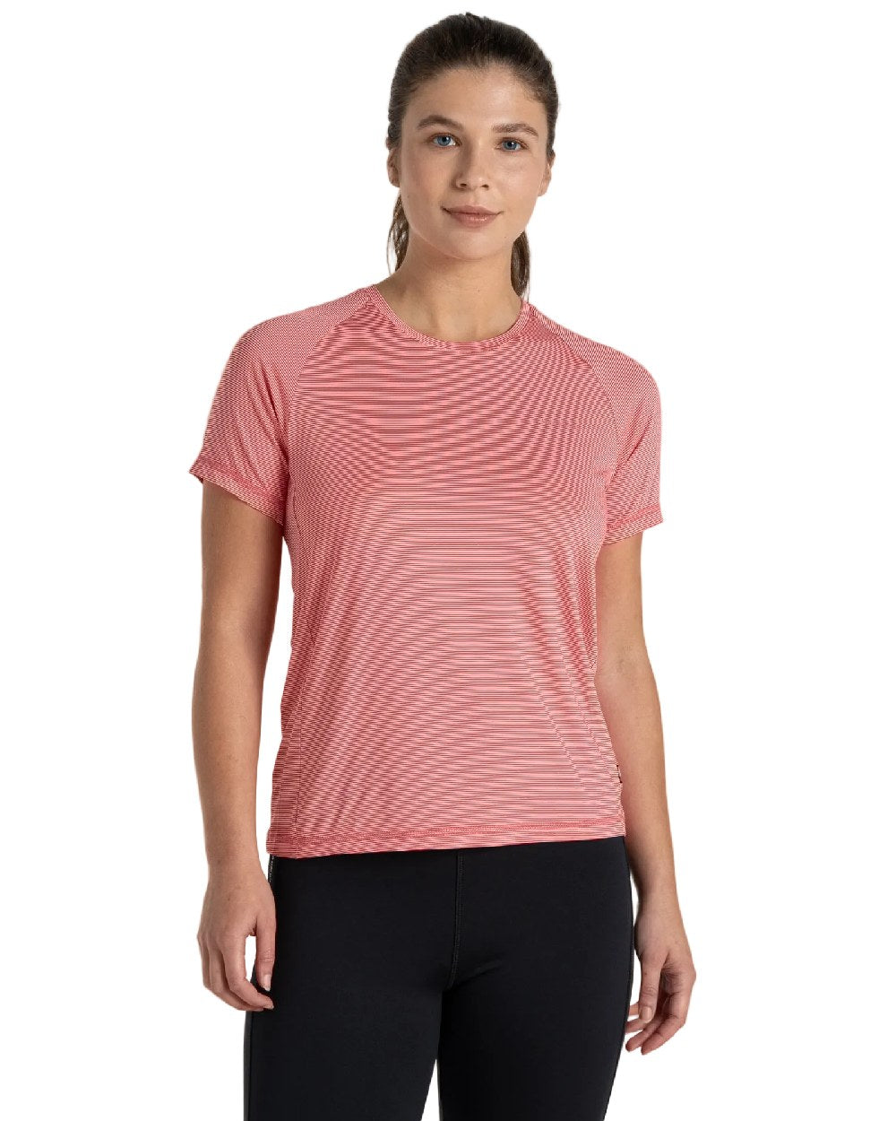 Coral Reef Coloured Craghoppers Womens Ellie Short Sleeved T-Shirt on white background 