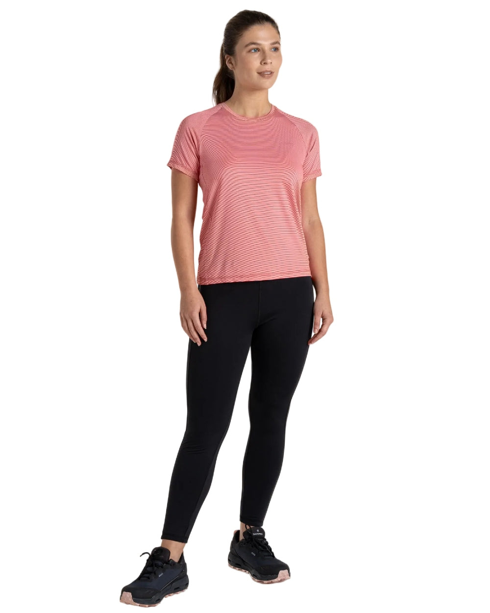 Coral Reef Coloured Craghoppers Womens Ellie Short Sleeved T-Shirt on white background 
