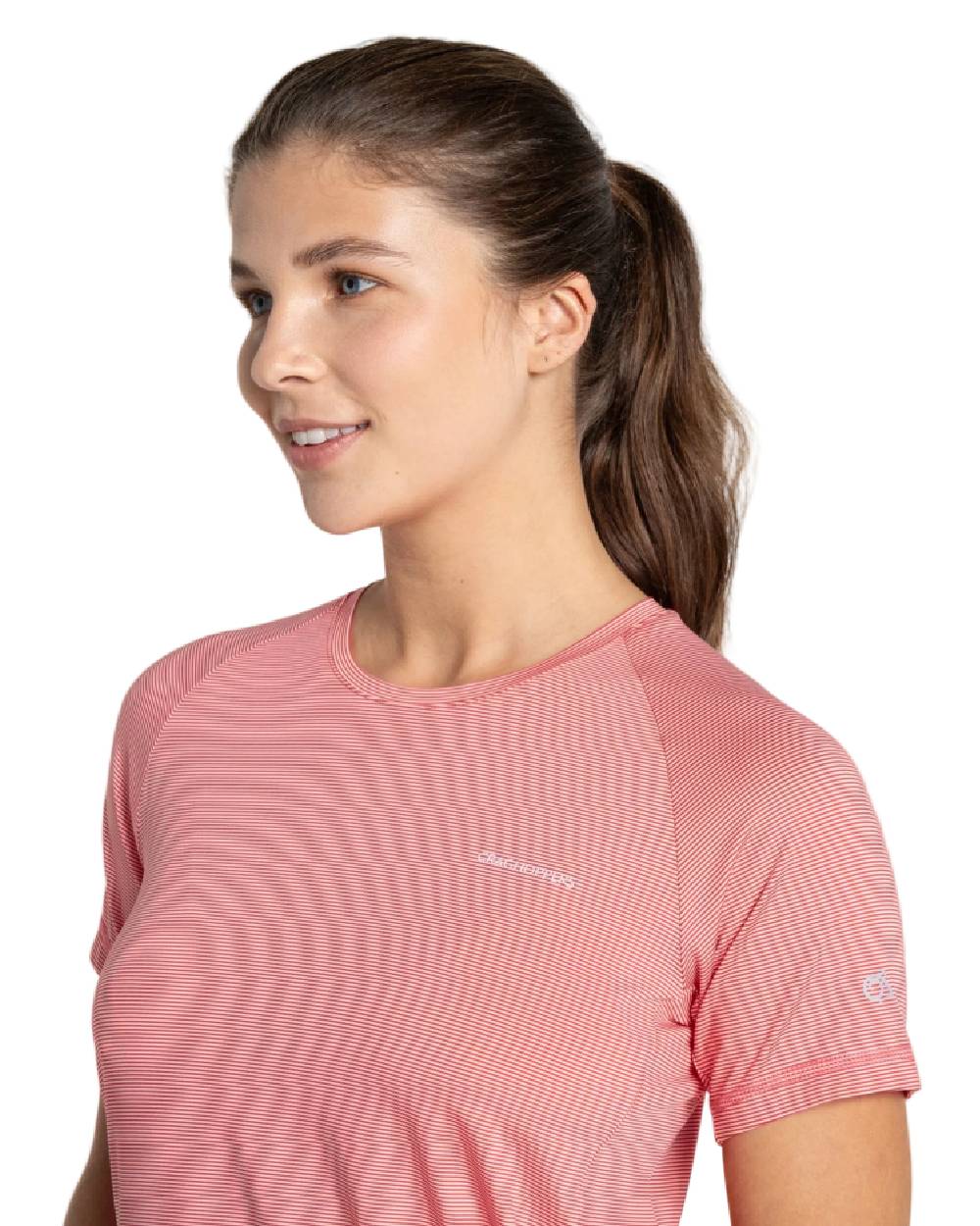 Coral Reef Coloured Craghoppers Womens Ellie Short Sleeved T-Shirt on white background 