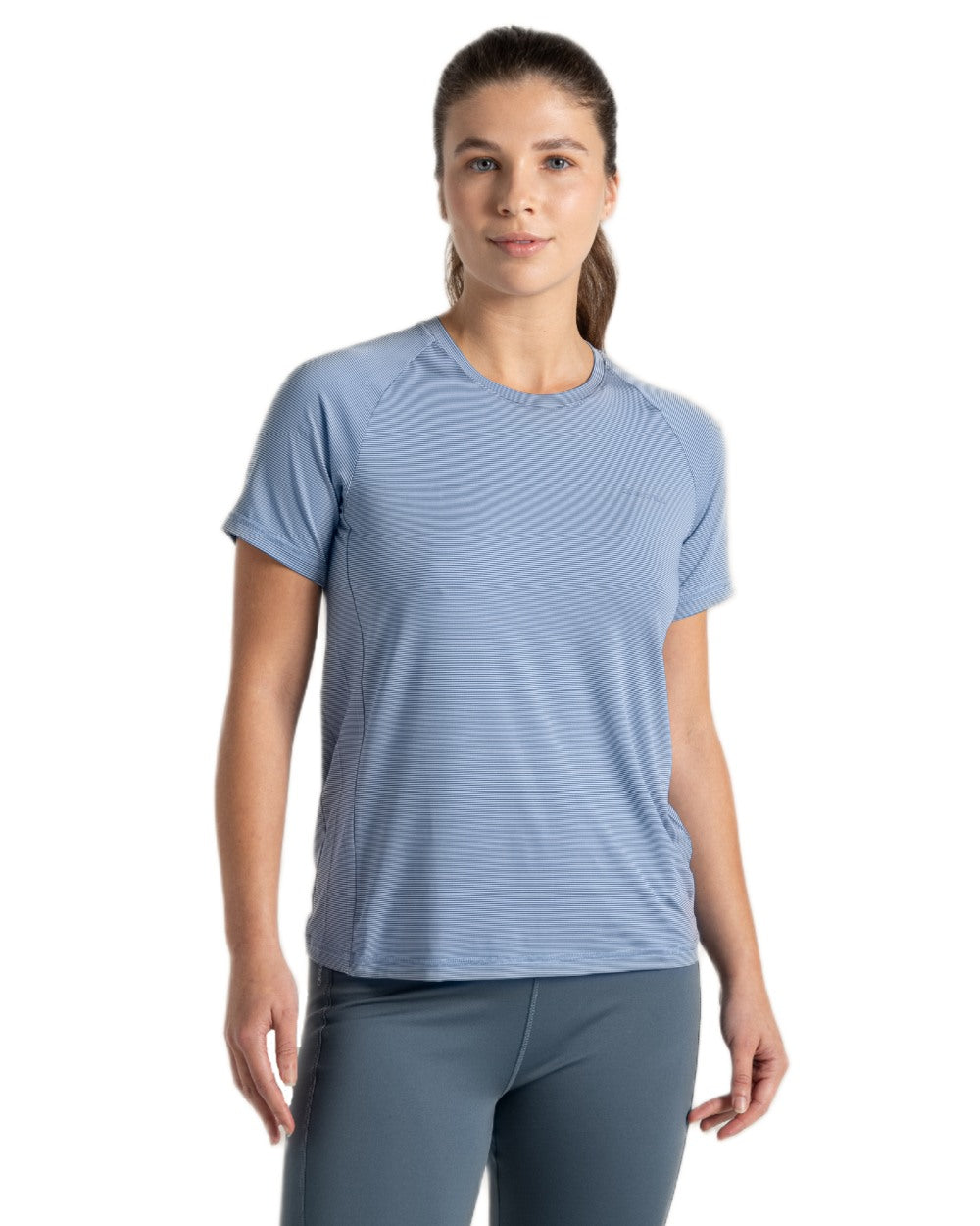 Seaside Blue Coloured Craghoppers Womens Ellie Short Sleeved T-Shirt on white background 