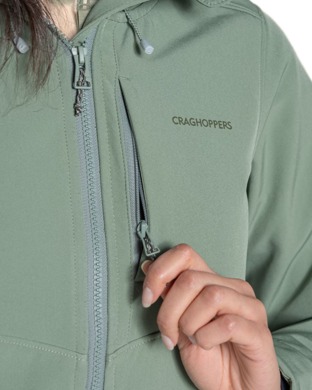 Sage coloured Craghoppers Womens Hopegill Hooded Jacket on white background 