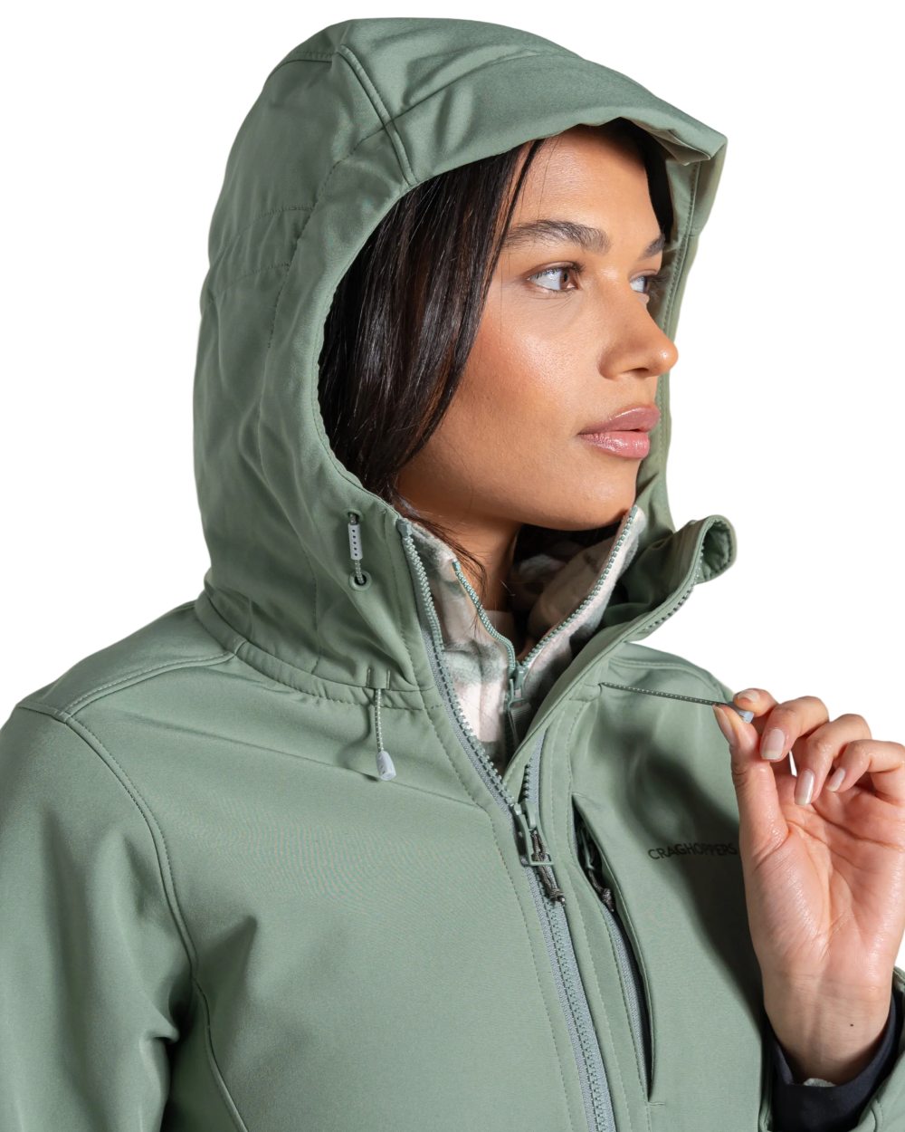 Sage coloured Craghoppers Womens Hopegill Hooded Jacket on white background 