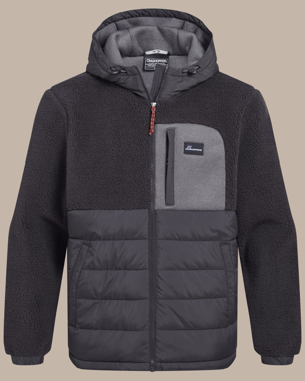 Dark Iron coloured Craghoppers Women Jakob Hooded Hybrid Jacket on beige background 