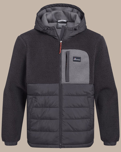 Dark Iron coloured Craghoppers Women Jakob Hooded Hybrid Jacket on beige background 