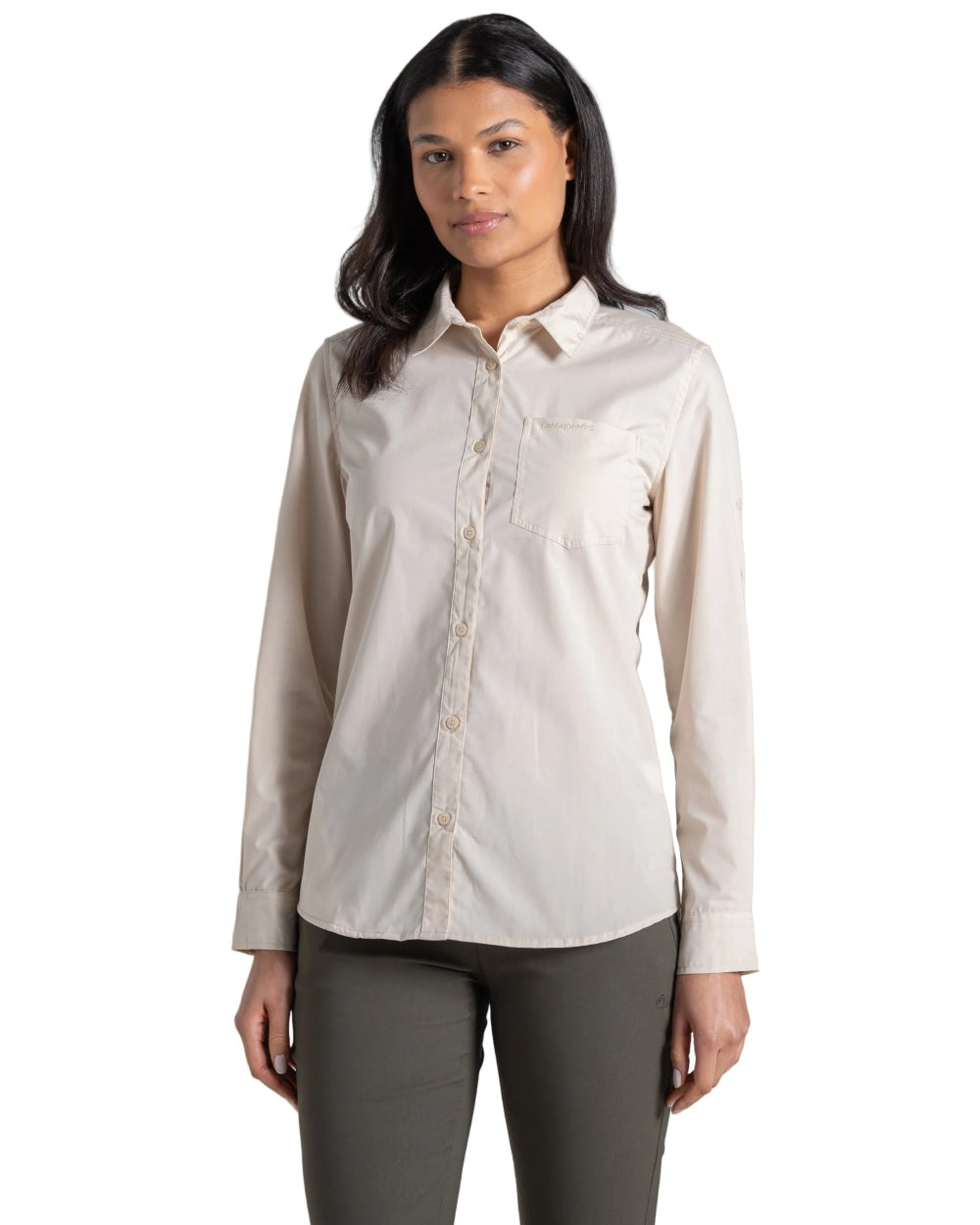Stone coloured Craghoppers Womens Kiwi III Long Sleeved Shirt on white background 