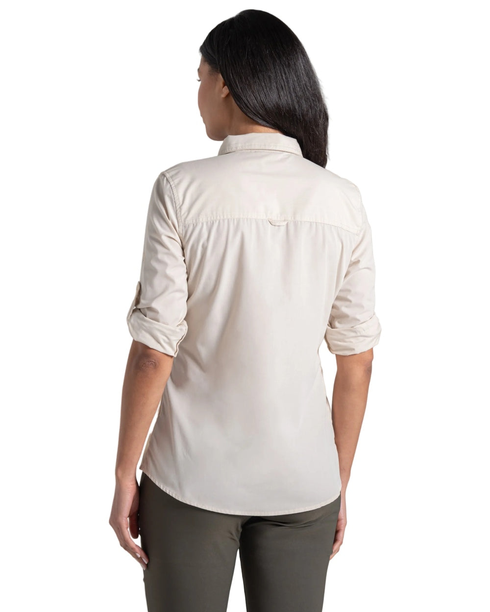 Stone coloured Craghoppers Womens Kiwi III Long Sleeved Shirt on white background 