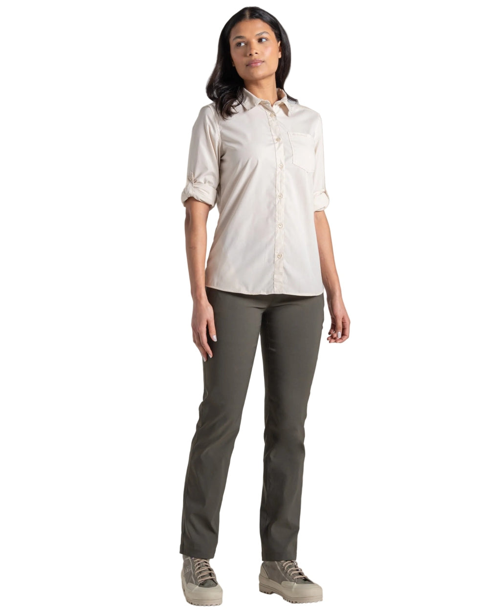 Stone coloured Craghoppers Womens Kiwi III Long Sleeved Shirt on white background 