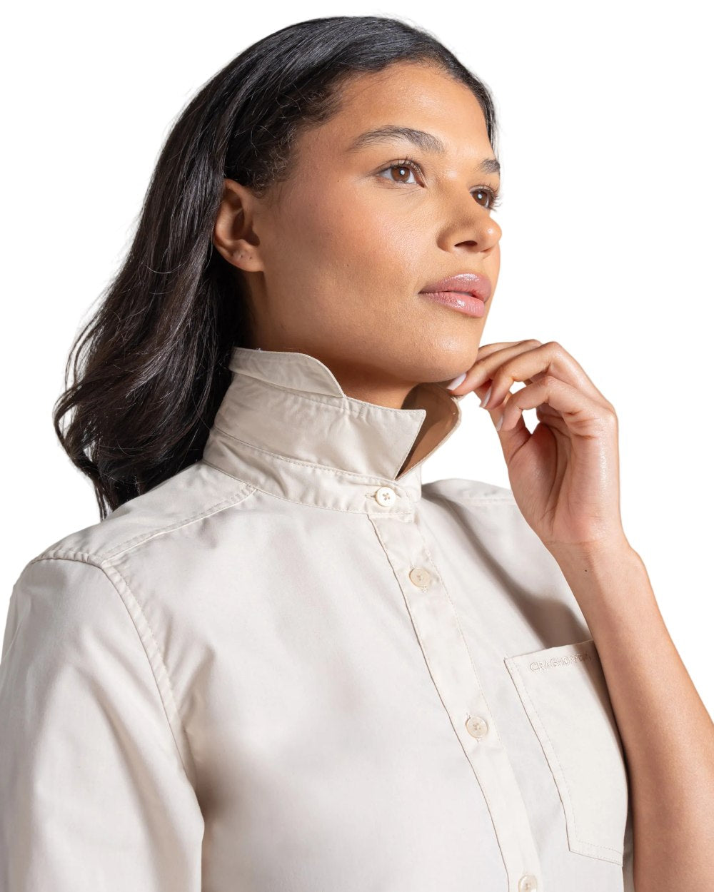 Stone coloured Craghoppers Womens Kiwi III Long Sleeved Shirt on white background 