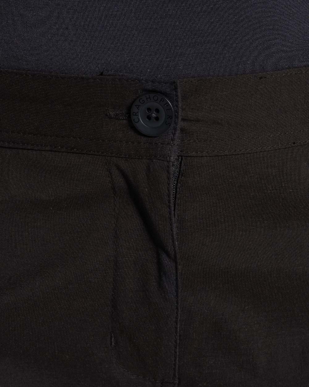 Black coloured Craghoppers Womens Kiwi Pro Cargo Trousers on white background 
