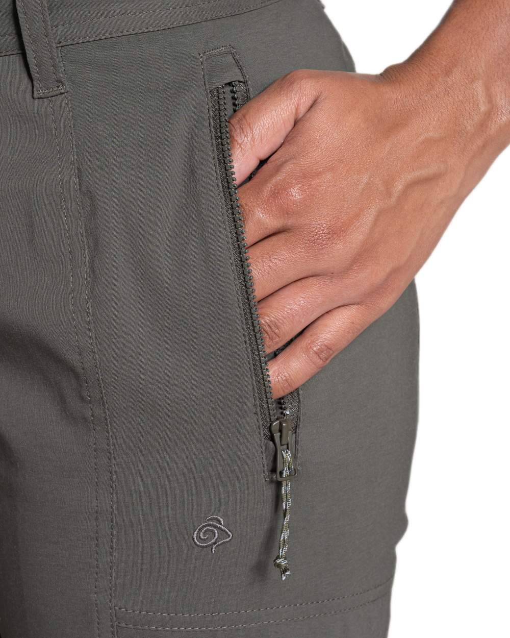 Mid Khaki coloured Craghoppers Womens Kiwi Pro Cargo Trousers on white background 