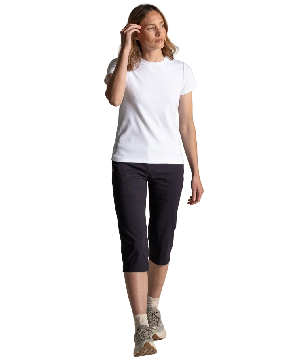 Dark Navy coloured Craghoppers Womens Kiwi Pro III Cropped Trousers on white background 