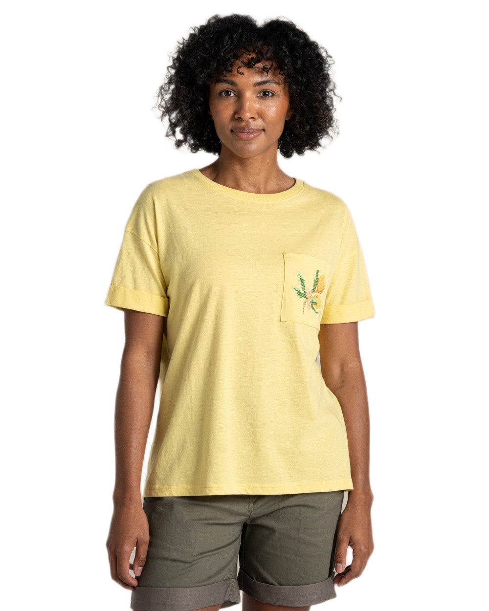Pale Daffodil coloured Craghoppers Womens Maya Short Sleeved T-Shirt on white background 