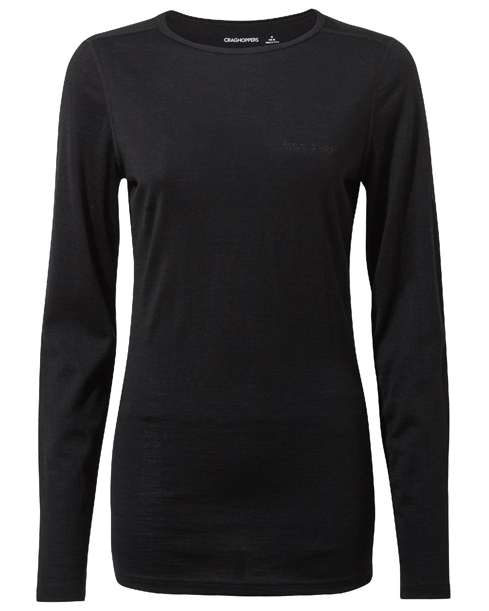 Black coloured Craghoppers Womens Merino Crew Neck Long Sleeved Baselayer II on white background 